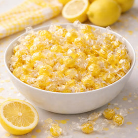 Close-up of Munchique Lemon Puckers candies showing vibrant color and shine