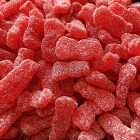 Munchique soft chewy red gummies with tangy coating for snacking.