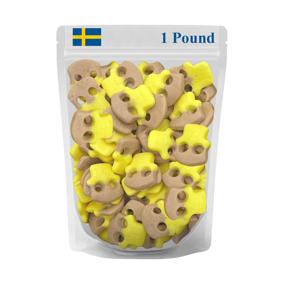 Munchique banana skull gummies showcase playful Swedish candy with chewy banana and toffee flavor.