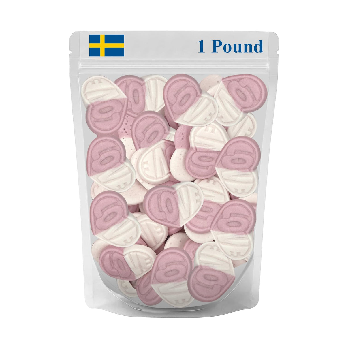 Munchique Swedish Candy strawberry-vanilla heart gummies in a resealable bag for sharing.