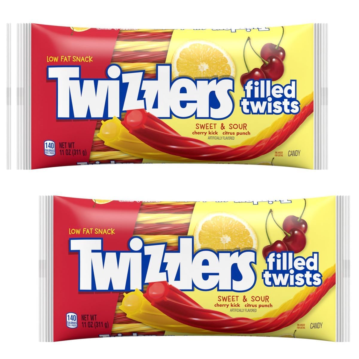 Munchique Sweet & Sour licorice twists cherry kick close-up, juicy center and chewy texture.