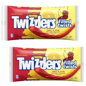 Munchique Sweet & Sour licorice twists cherry kick close-up, juicy center and chewy texture.