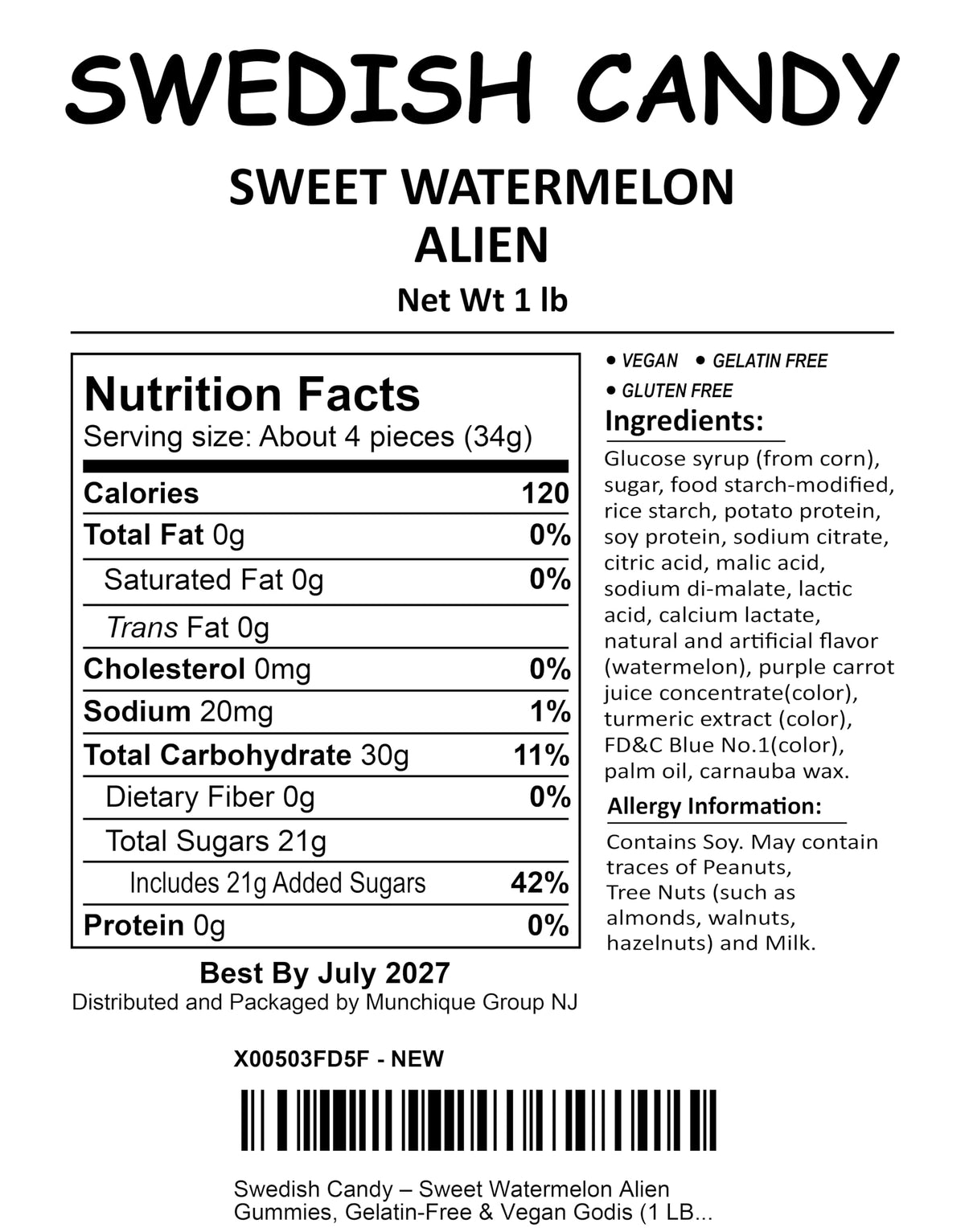Munchique vegan gelatin-free alien gummies—plant-based option in a resealable bag.