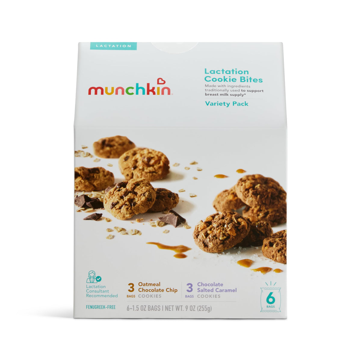 Munchkin Lactation Cookie Bites Variety Pack front view, easy breastfeeding snack for busy days.