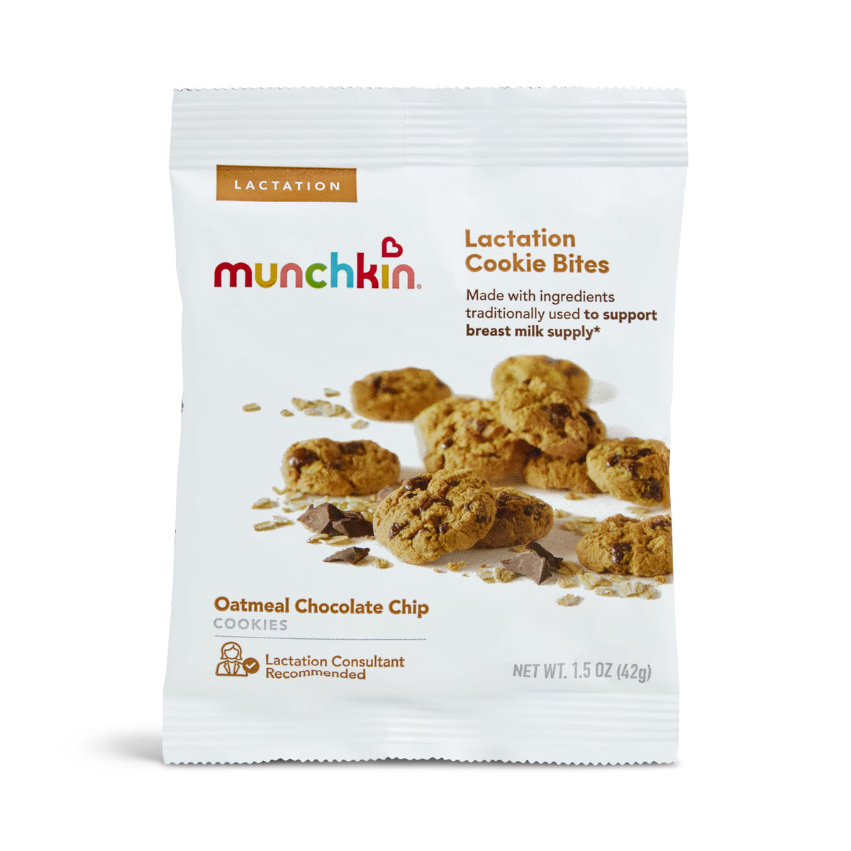 Munchkin Milkmakers close-up highlights chewy texture and oats.