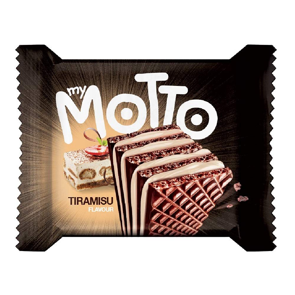 Munchy's My Motto Wafer tiramisu flavor 12-pack display, ideal for on-the-go snacking.