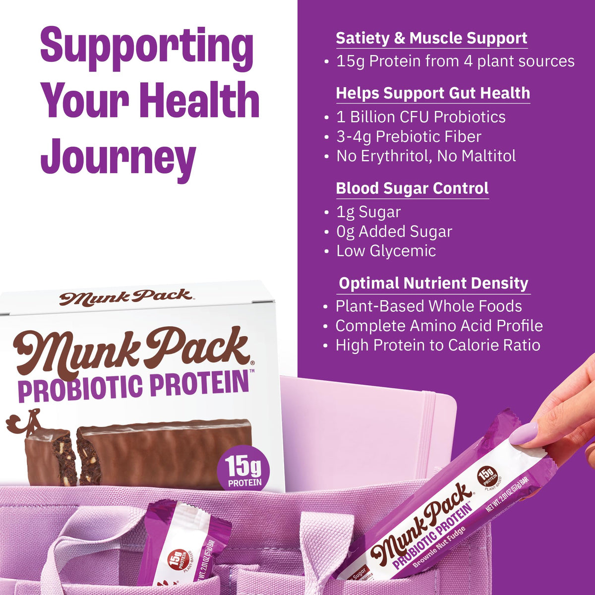 Munk Pack brownie-nut-fudge bar detailed texture highlights fudgy chocolate with nut crunch for a plant-based snack.