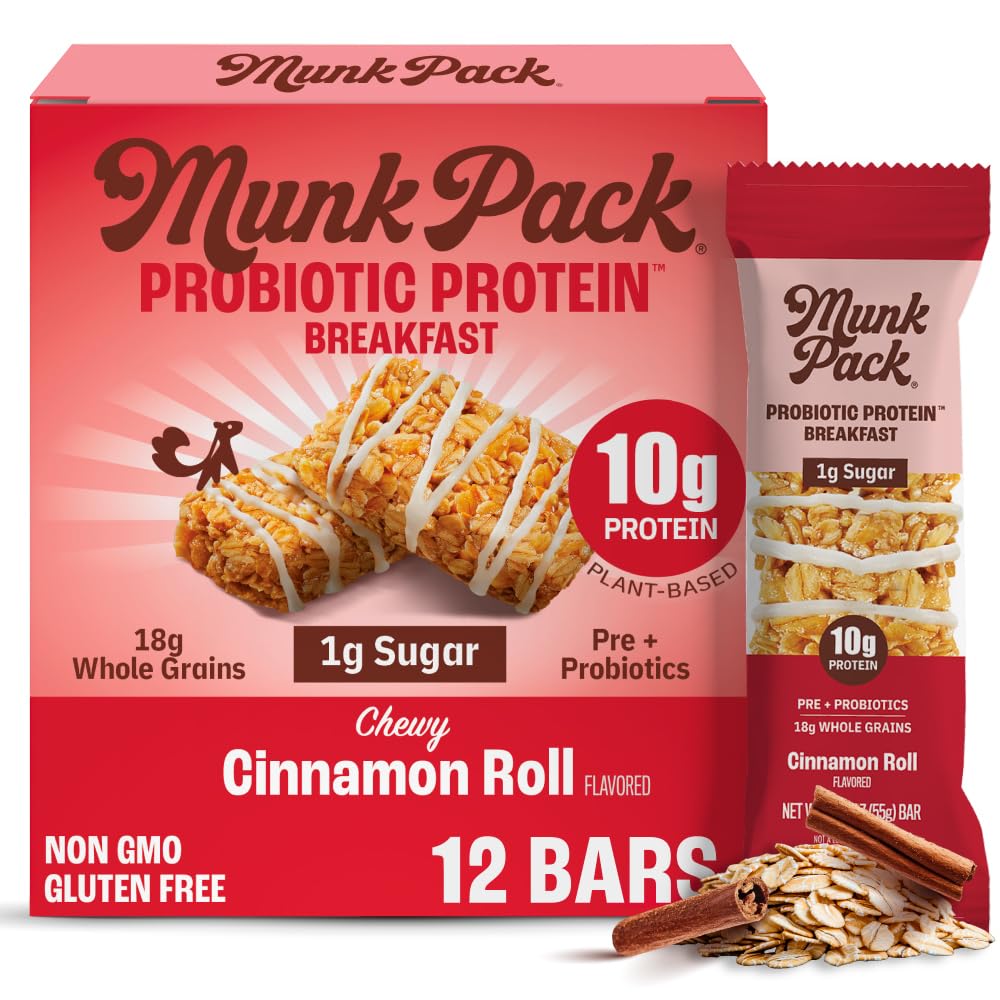 Munk Pack Cinnamon Roll Probiotic Bar box, gluten-free on-the-go snack.