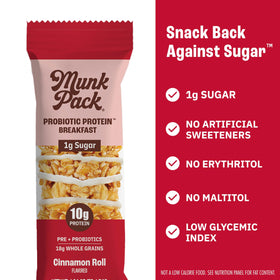 Munk Pack Cinnamon Roll Probiotic Bar nutrition label highlighting protein.