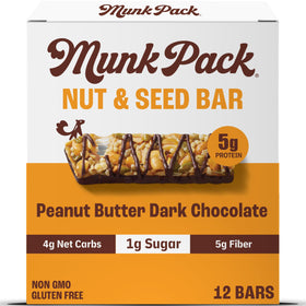 Munk Pack Fiber Nut Bar Peanut Butter Dark Chocolate pack highlighting gluten-free, keto-friendly snack with 5g fiber.