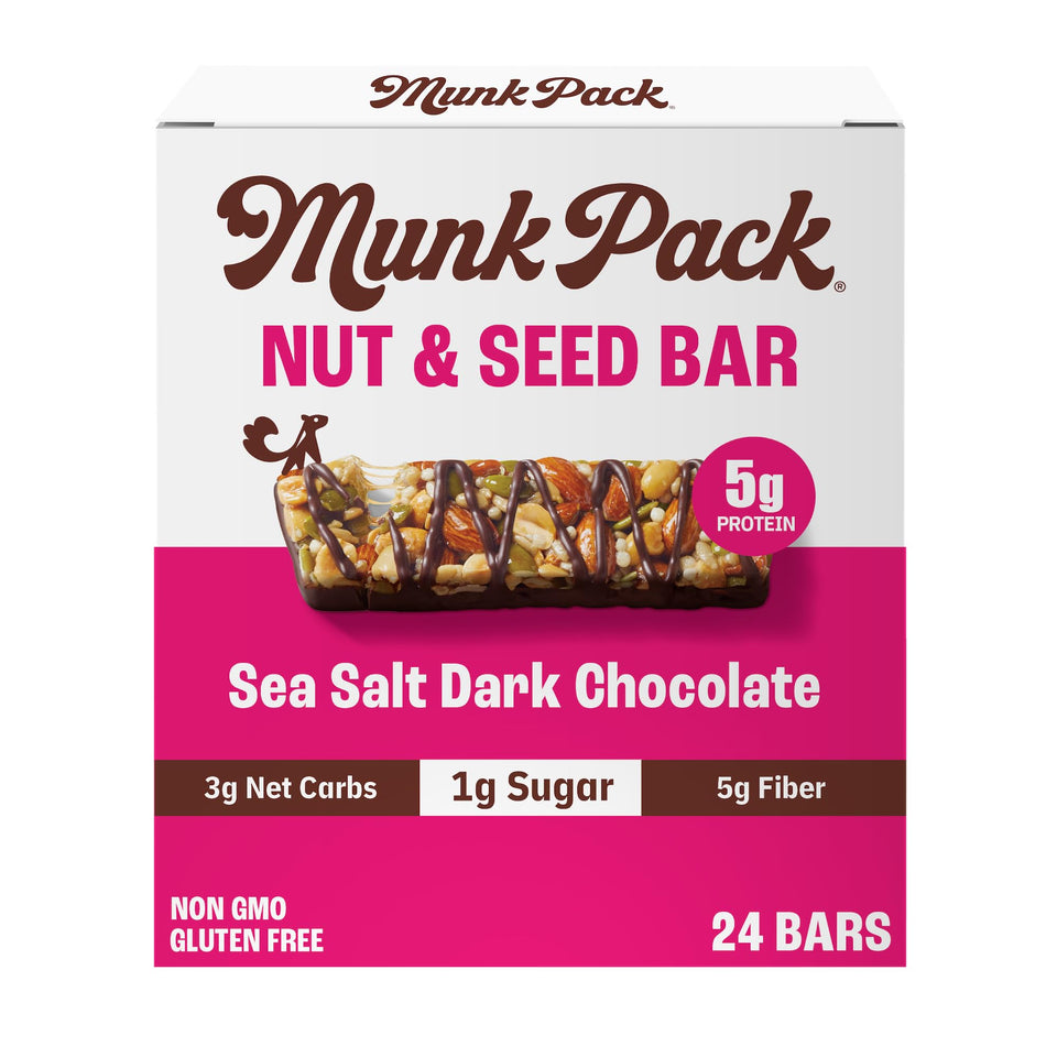 Munk Pack Fiber Nut Bar sea salt dark chocolate front pack for on-the-go snacking.