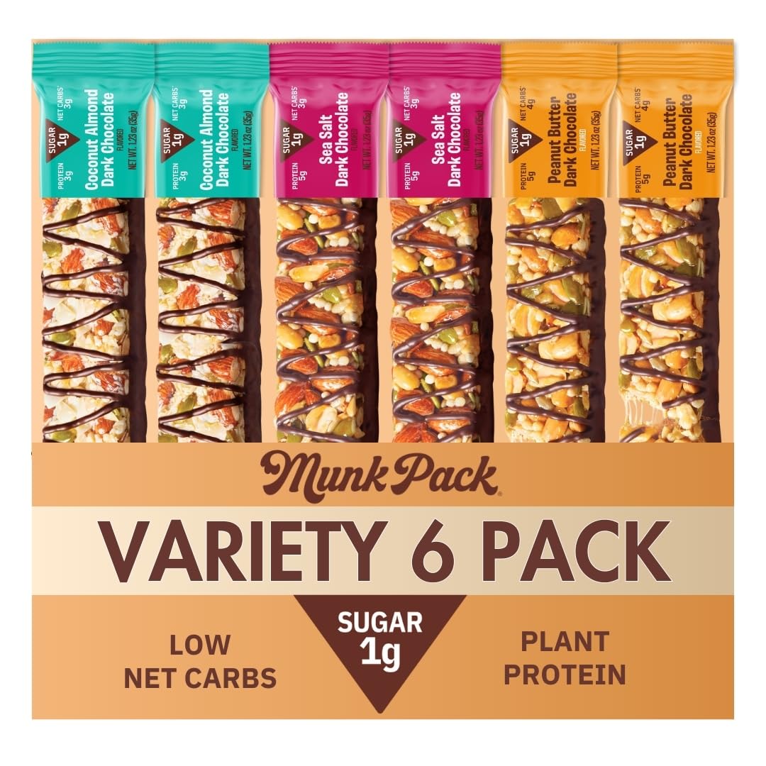 Munk Pack Fiber Nut Bars variety pack: gluten-free, low-sugar snack assortment.