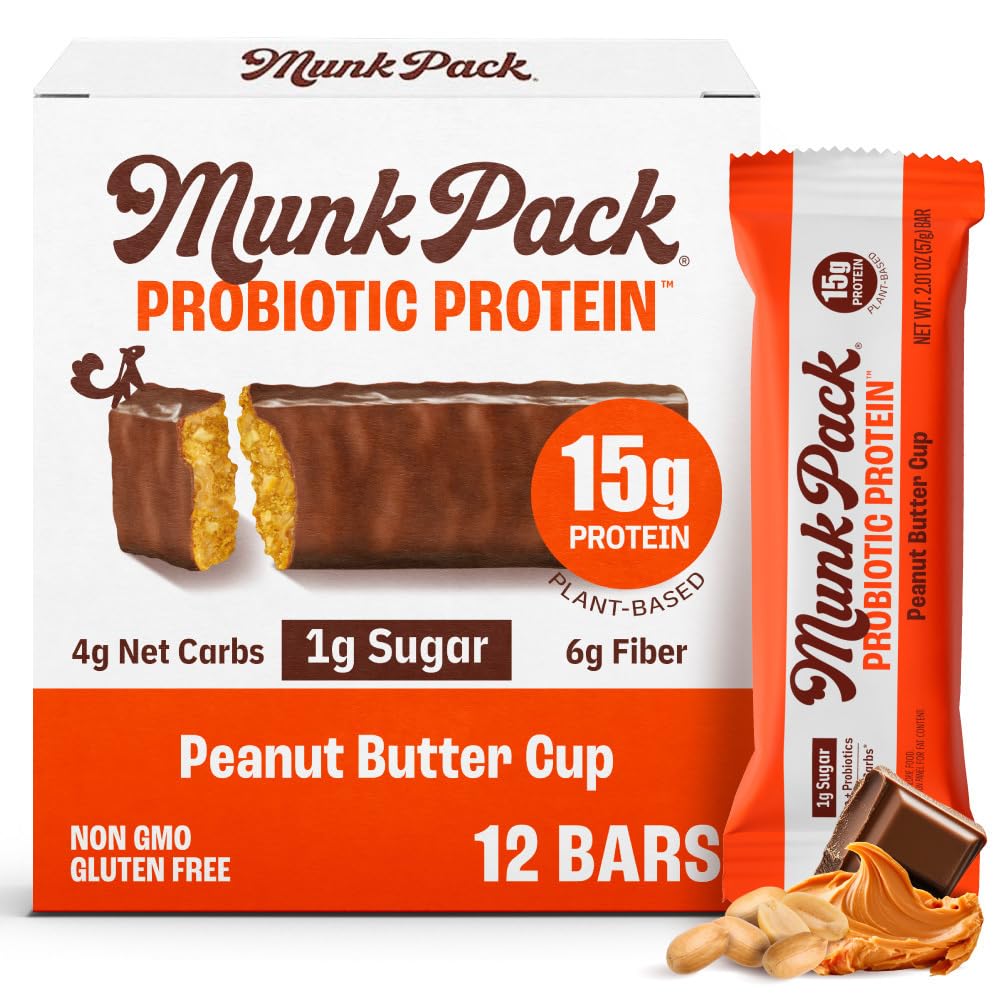Munk Pack Peanut Butter Cup bar close-up highlighting protein-packed, low-sugar snack for on-the-go energy.