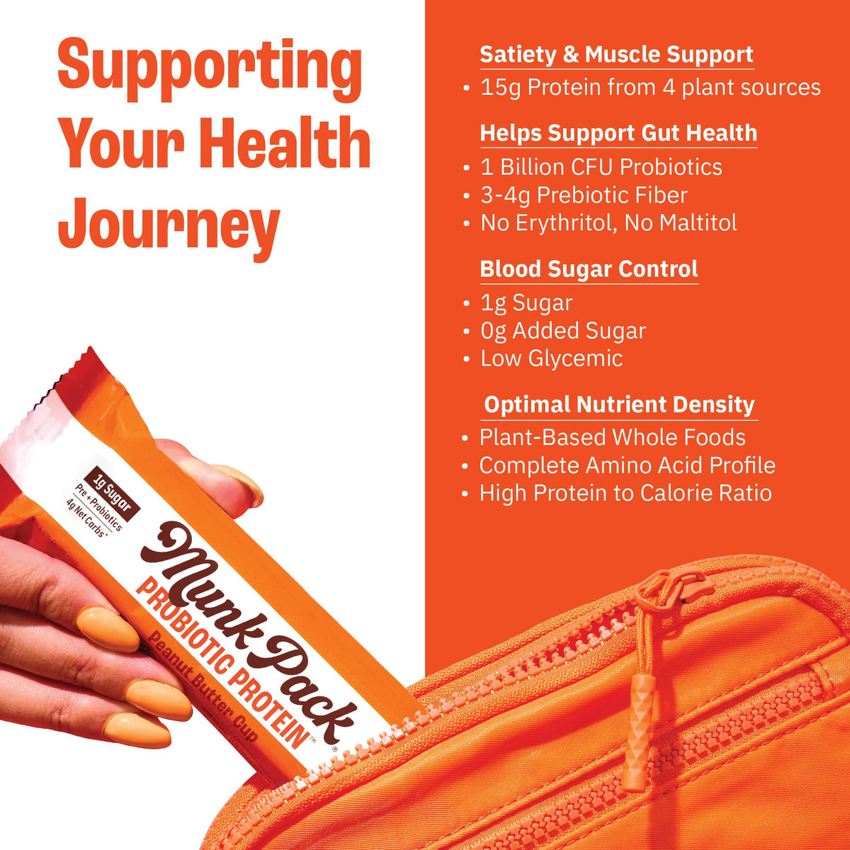 Munk Pack Peanut Butter Cup bar ingredients panel showcasing clean, plant-based nutrition for mindful fueling.