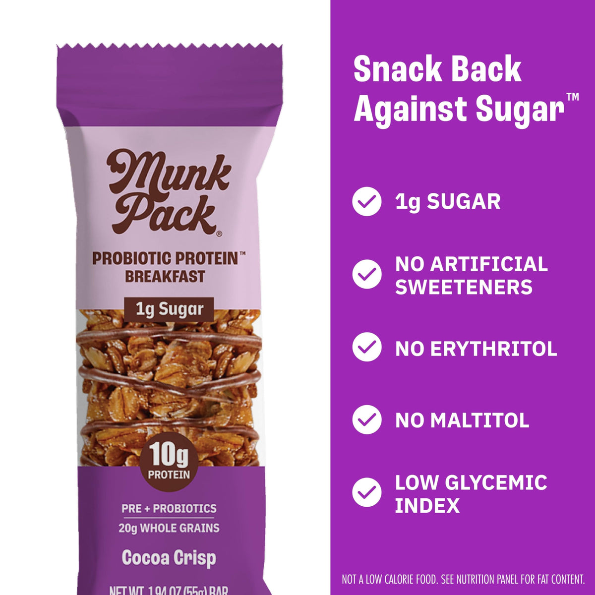 Munk Pack Cocoa Crisp bars showcase 1g sugar with natural sweetness for satisfying treat.