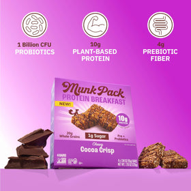 Munk Pack Cocoa Crisp gluten-free bars highlight fiber and protein for mindful snacking.