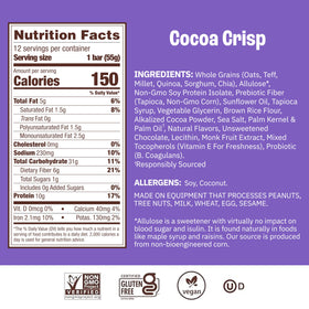 Munk Pack Cocoa Crisp bars in wrapper-close packaging illustrate convenient, portable breakfast or school snack.