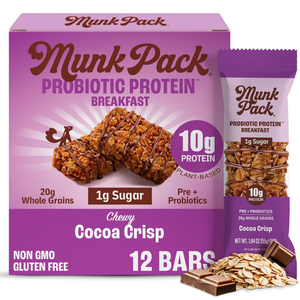 Munk Pack Cocoa Crisp probiotic bars pack-shot highlighting gluten-free, low-sugar breakfast convenience.