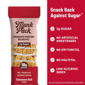 Munk Pack Sampler Bar display emphasizes 1g sugar for clean sweetness.