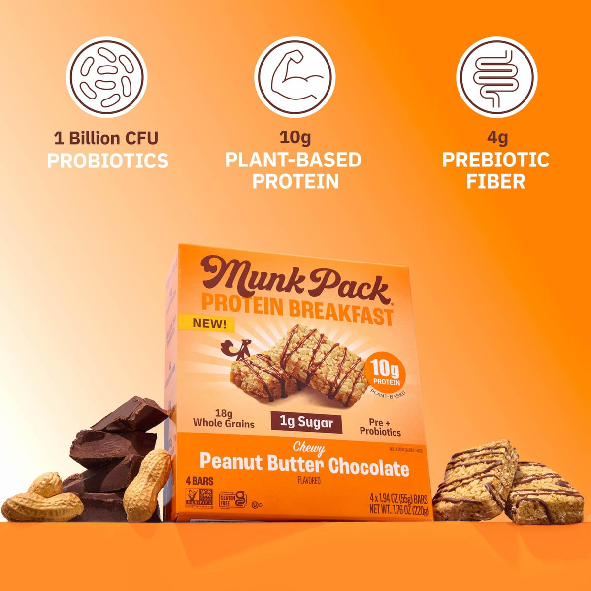 Munk Pack variety pack display on shelf emphasizing gluten-free and non-GMO options