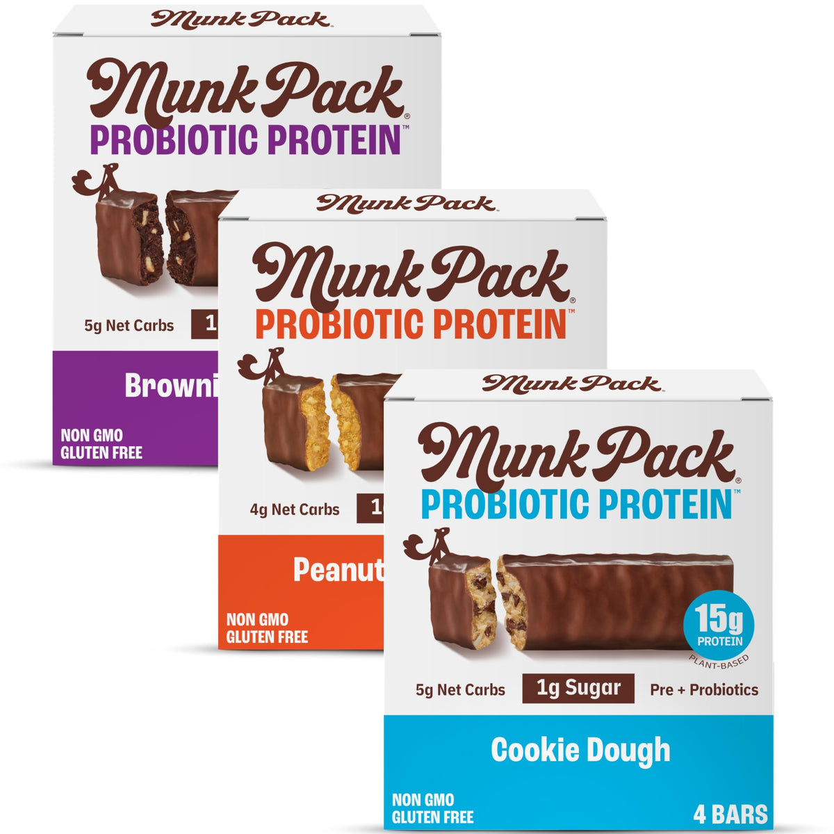 Munk Pack Variety Pack Probiotic Bars packaging highlights 15g protein and 1g sugar for balanced snacking.