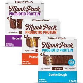 Munk Pack Variety Pack Probiotic Bars packaging highlights 15g protein and 1g sugar for balanced snacking.