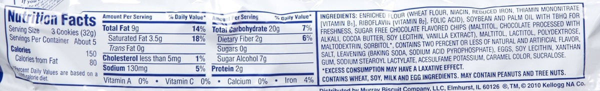Murray Sugar Free Chocolate Chip Cookies close-up shows chips and texture for craving satisfaction.