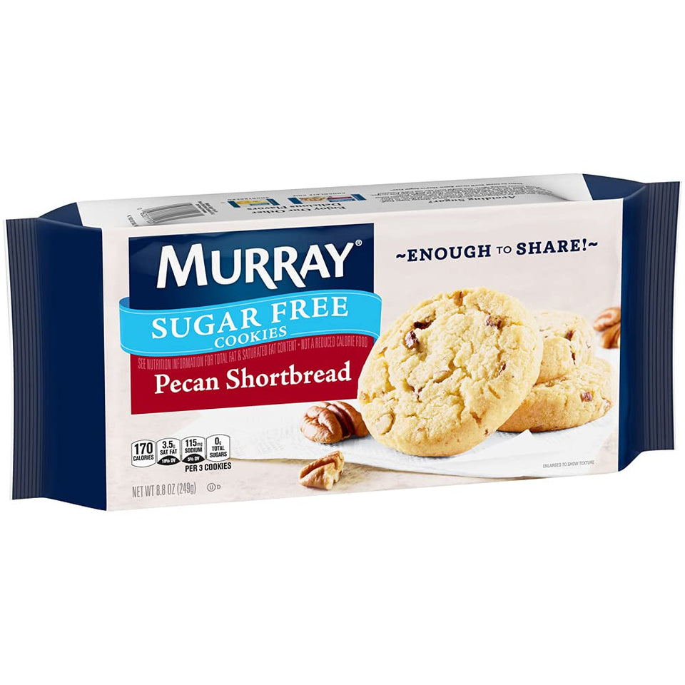 Murray Sugar Free Pecan Shortbread Cookies on a tray, ideal travel-ready snack.