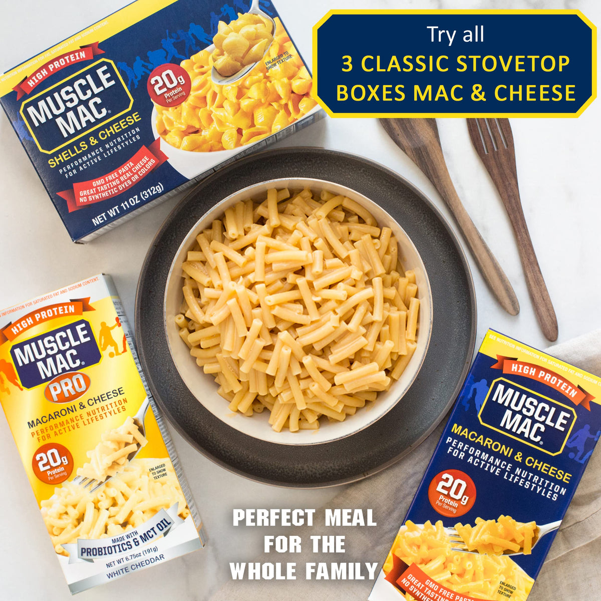 10-pack MUSCLE MAC packaging for on-the-go nutrition.