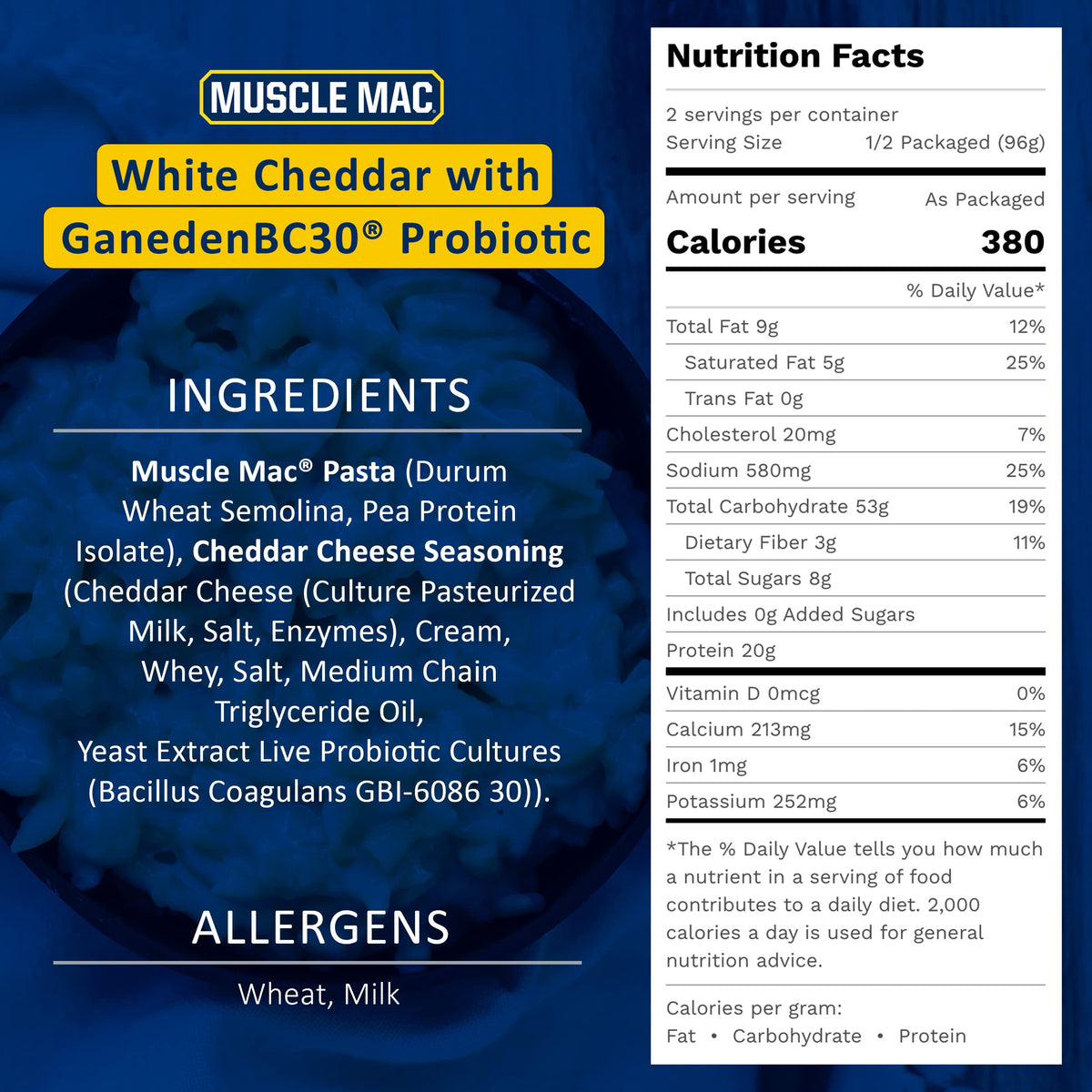 MUSCLE MAC ingredients show MCT oil and probiotic blend.