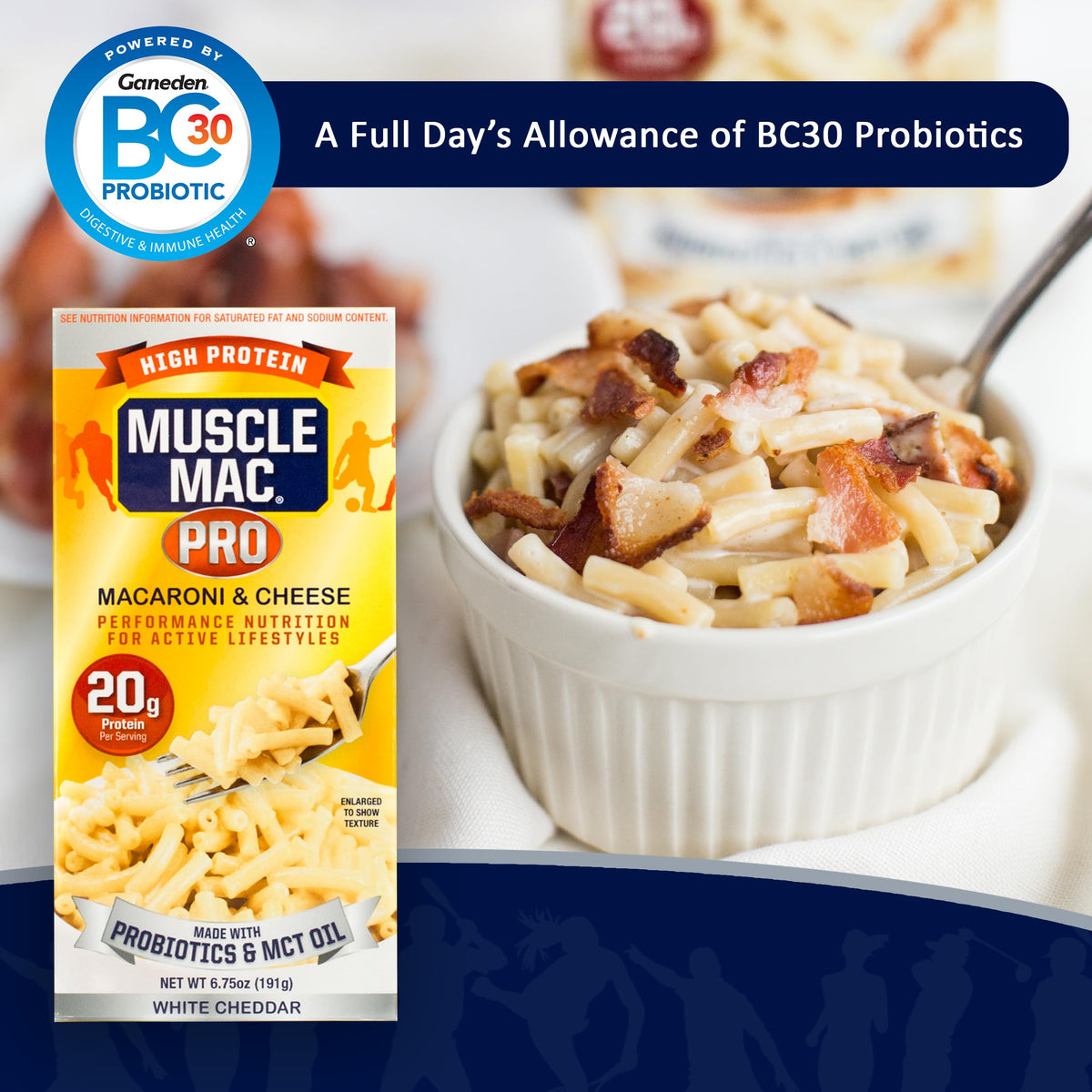 MUSCLE MAC packaging highlights 20g whey protein per serving.