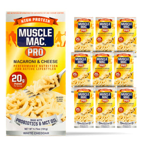 MUSCLE MAC macaroni cheese in a bowl with probiotic boost for post-workout fuel.