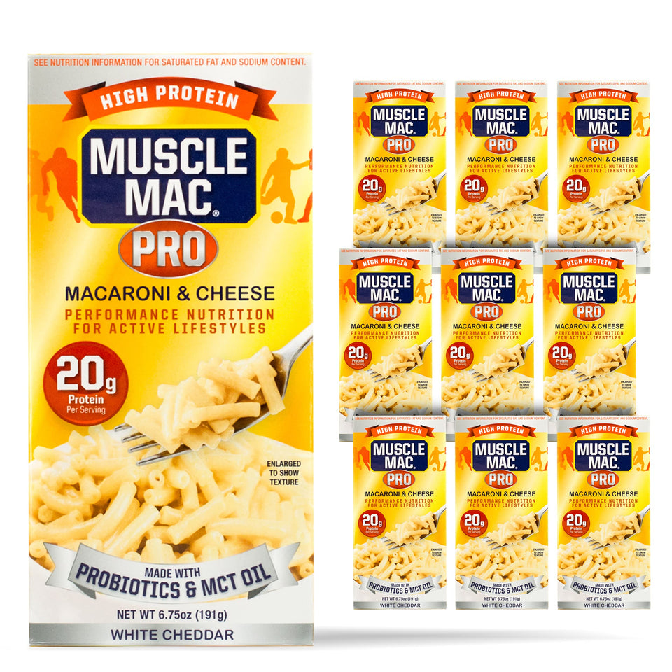 MUSCLE MAC macaroni cheese in a bowl with probiotic boost for post-workout fuel.