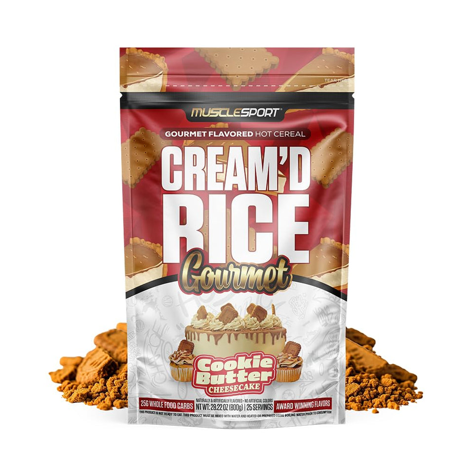 Musclesport Cream'd Rice Gourmet cookie butter cheesecake cup—premium flavor, convenient quick meal.