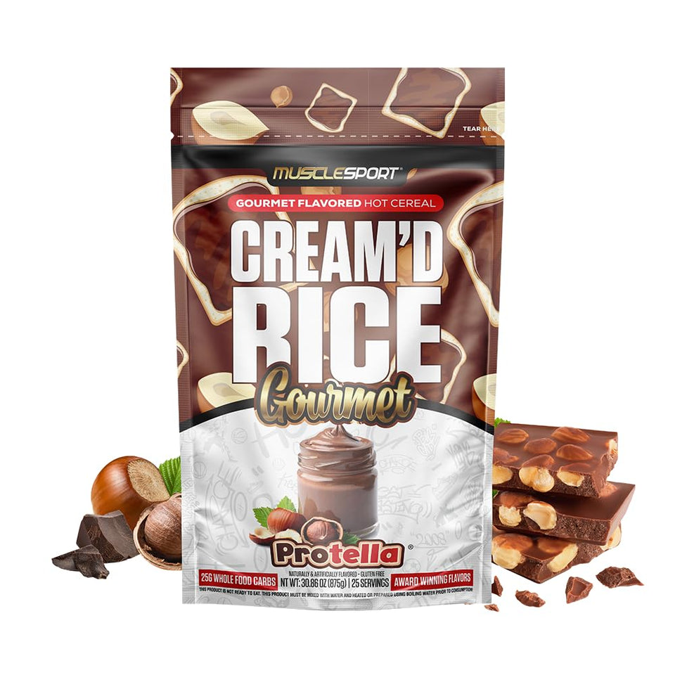 Musclesport Cream'd Rice Gourmet hot bowl with Protella for a satisfying breakfast option.