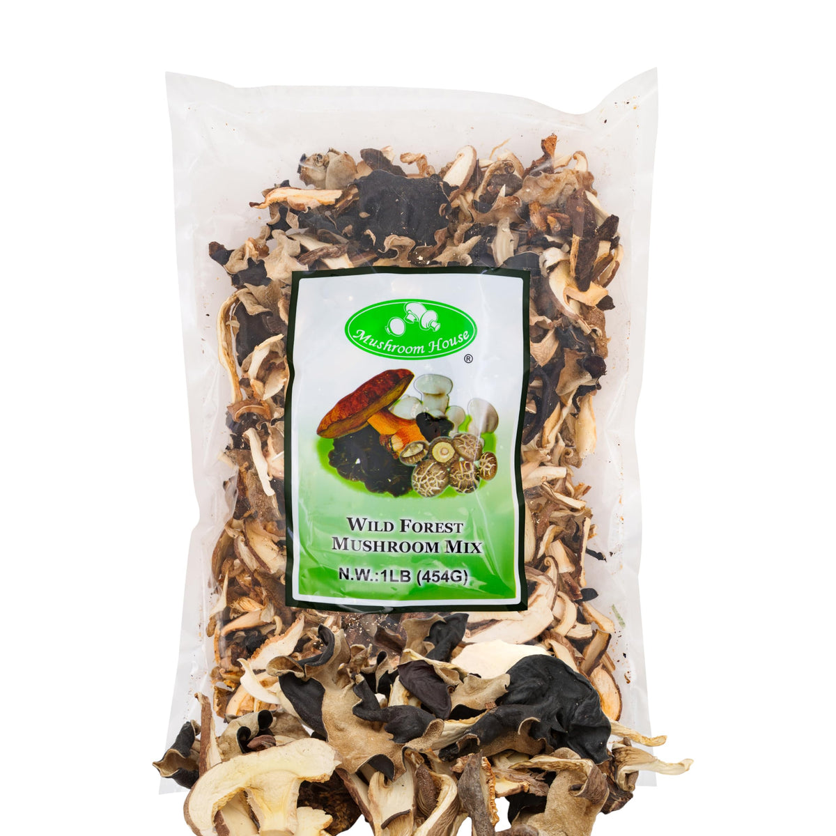 Mushroom House forest blend 16oz packaging highlights pantry-ready convenience for home cooks.