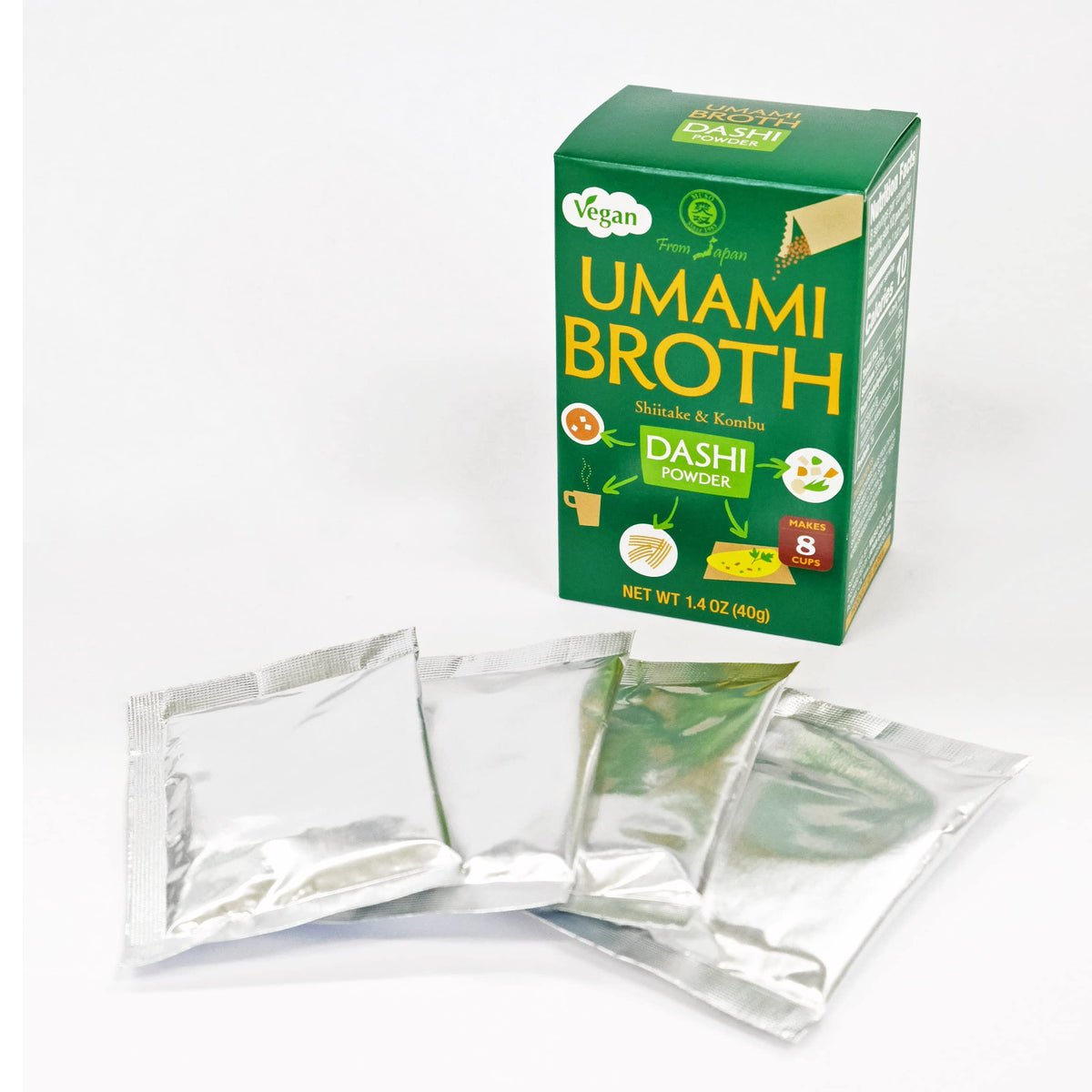 Muso From Japan Vegan Dashi Powder scoop demonstrates convenient two-cup envelopes for broth.