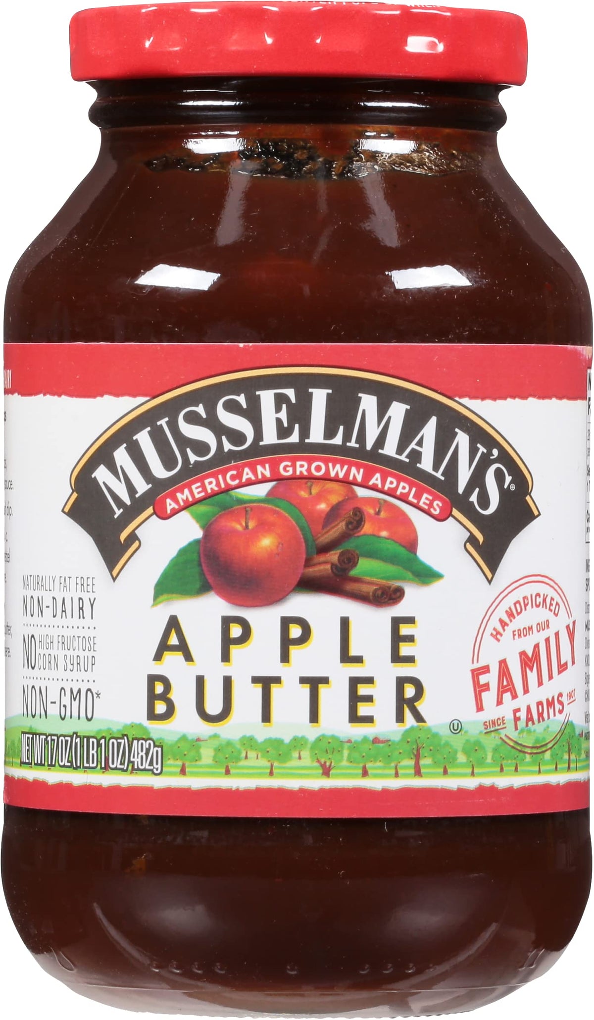 Musselmans Apple Butter 2-pack bottle ready for topping oatmeal or dipping finger foods.