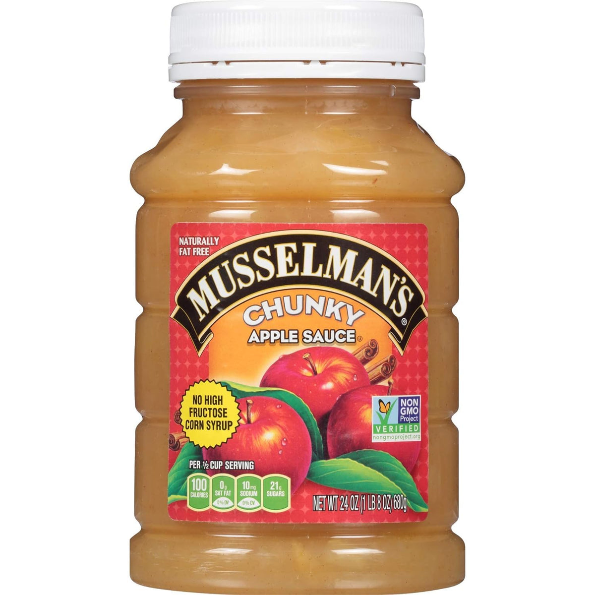 Label close-up on Musselman's Chunky Apple Sauce showing chunky texture.