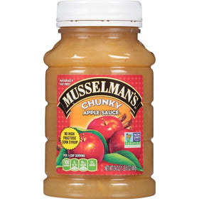 Label close-up on Musselman's Chunky Apple Sauce showing chunky texture.