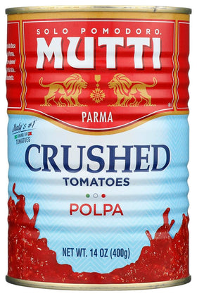 Mutti Crushed Tomatoes Polpa, front view, ready-to-simmer sauces.