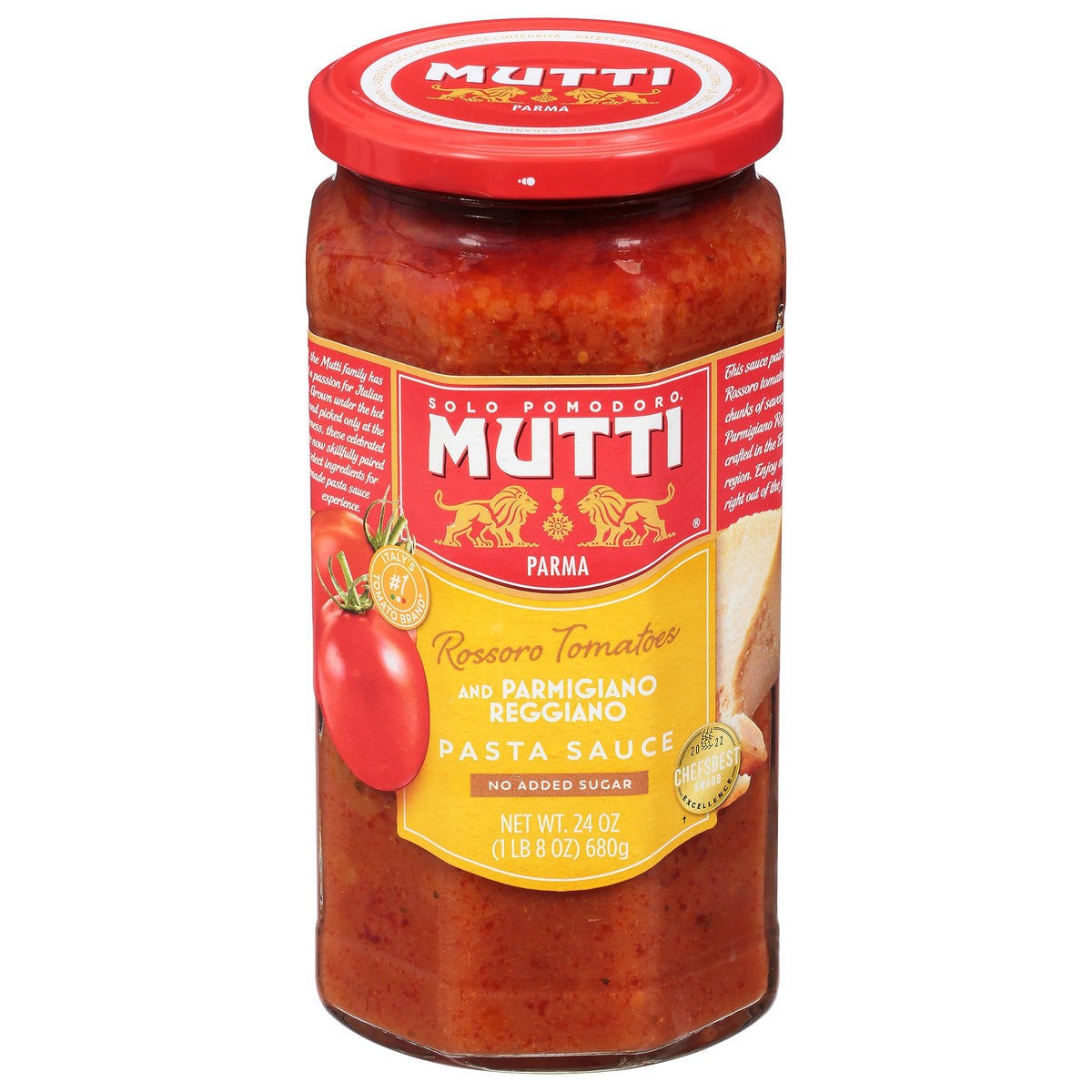 Mutti No Added Sugar Rossoro Tomatoes and Parmigiano Reggiano sauce ready to elevate simple pasta meals