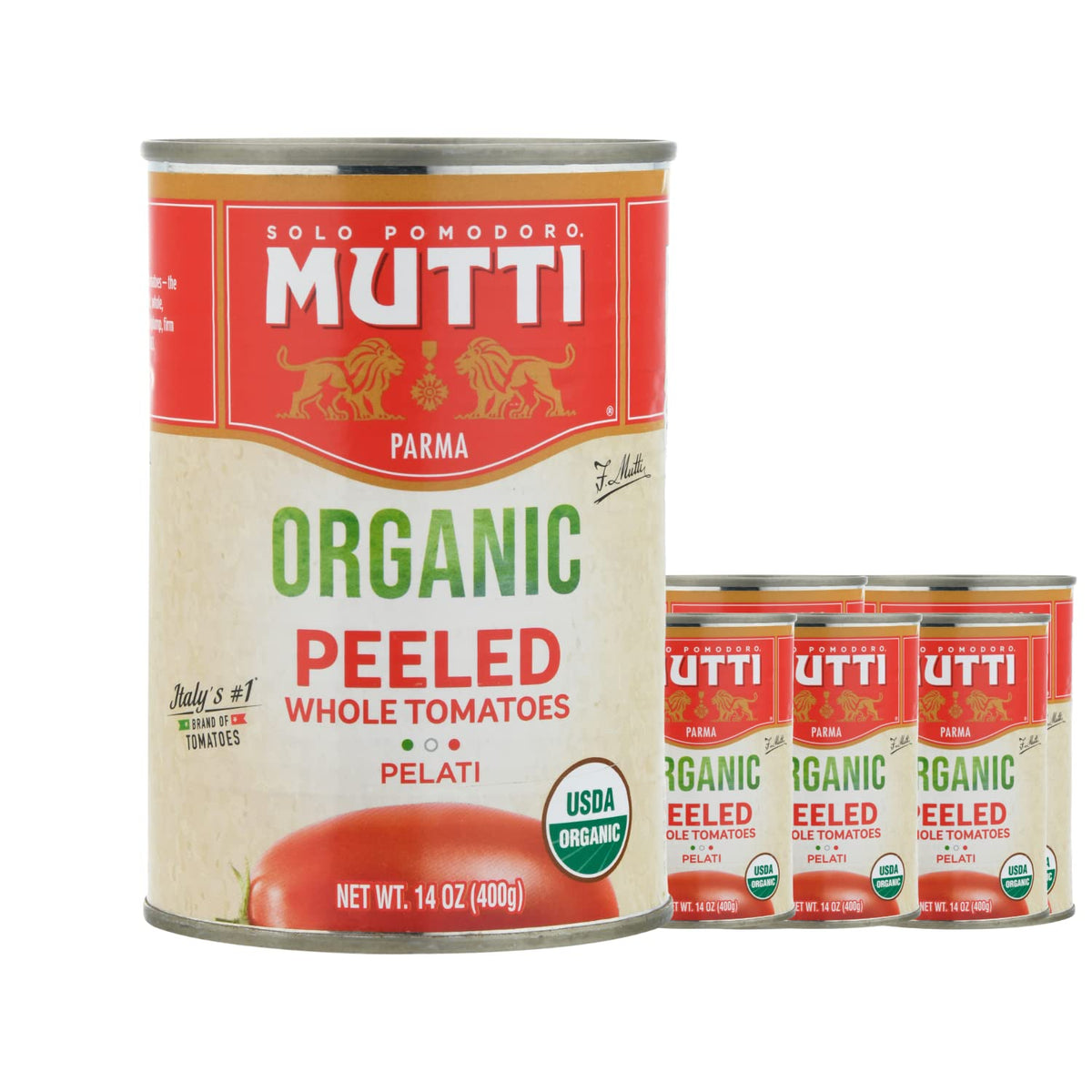 Mutti Organic Whole Peeled Tomatoes Pelati 14 oz can, six-pack, ready for cooking.