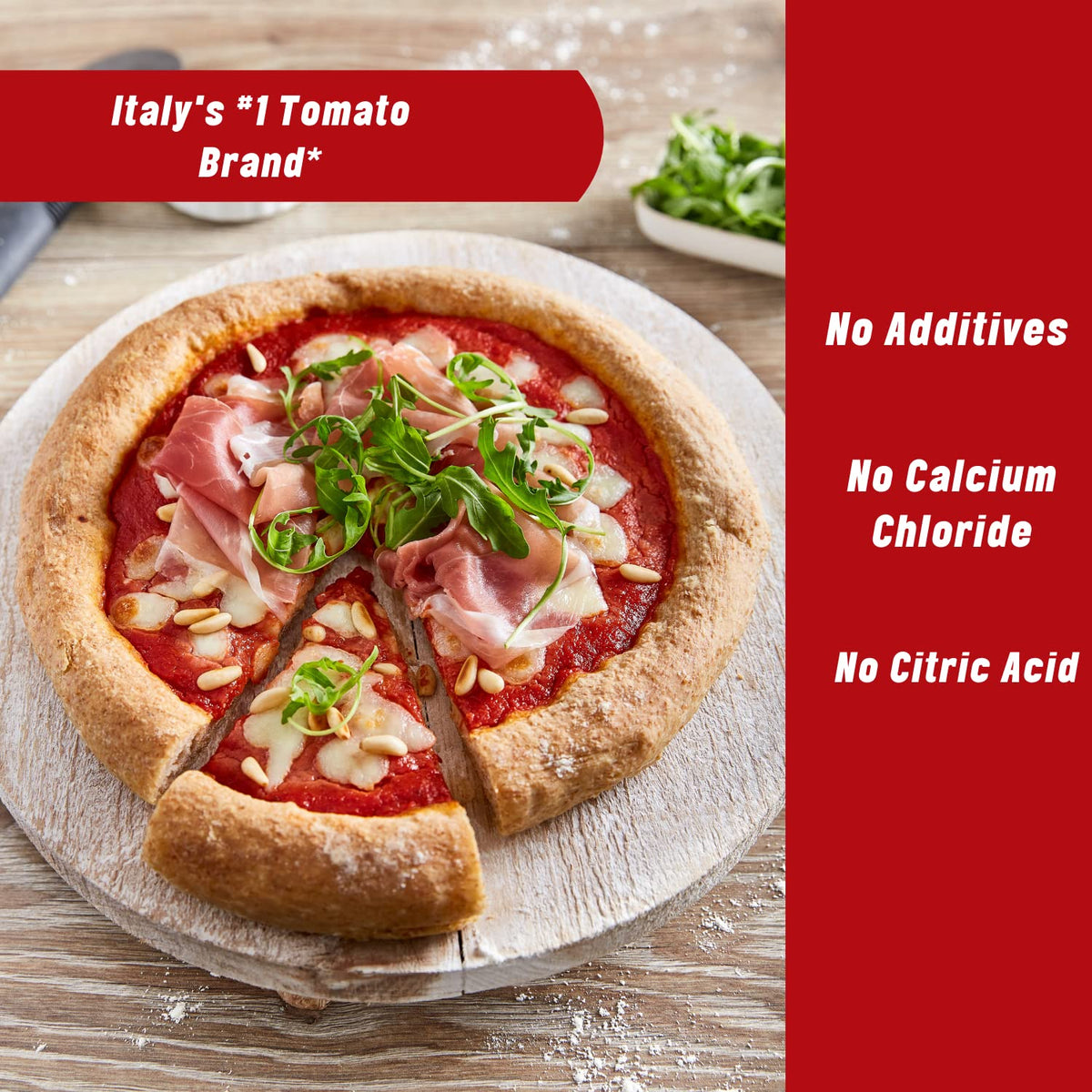 Mutti pizza sauce on a basil leaf emphasizes fresh ingredients for flavor.