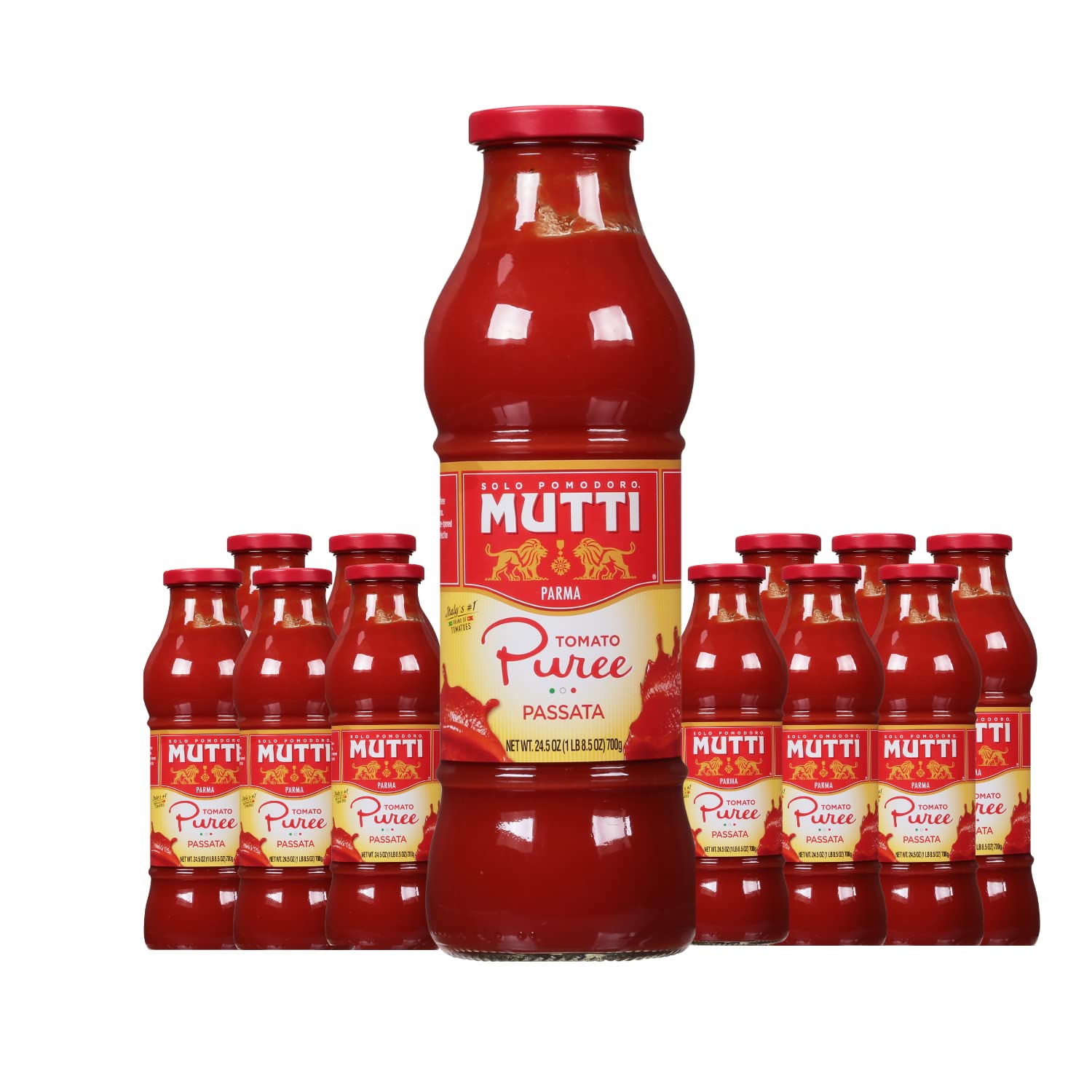 Mutti Tomato Puree bottle front view for versatile cooking.
