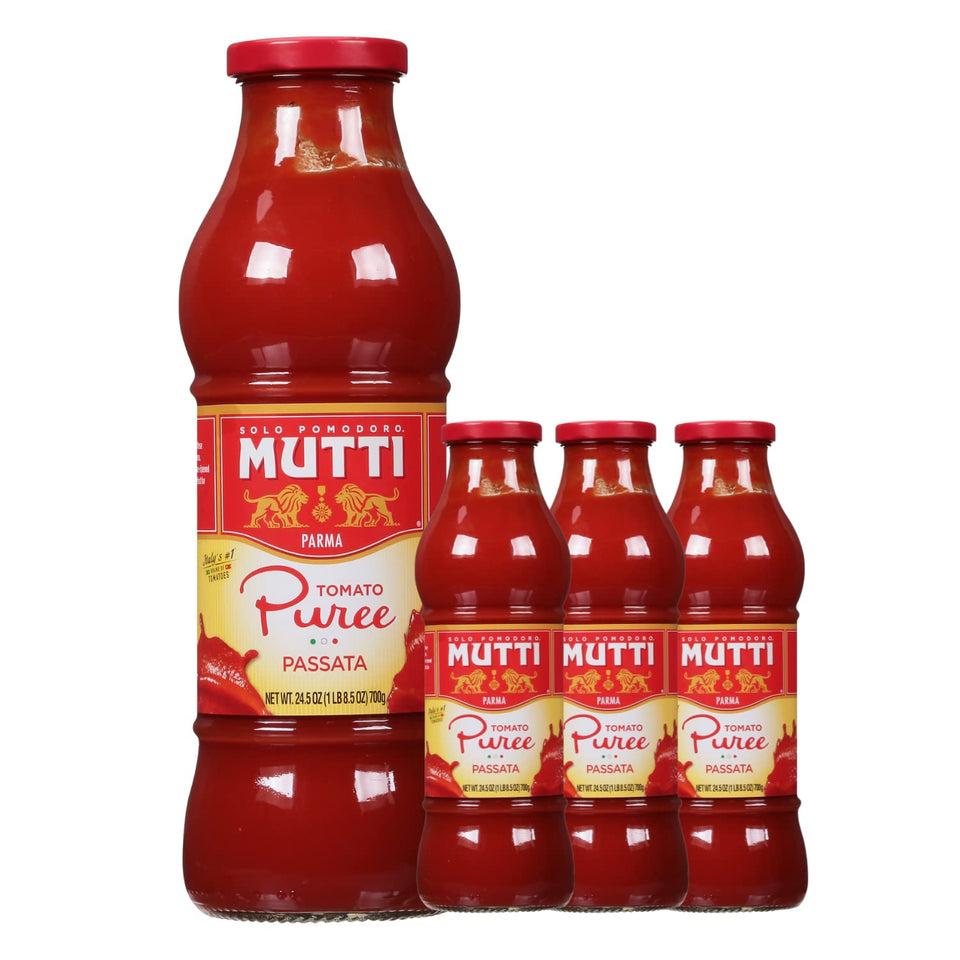 Mutti tomato puree passata bottle with smooth, velvety texture for sauces.