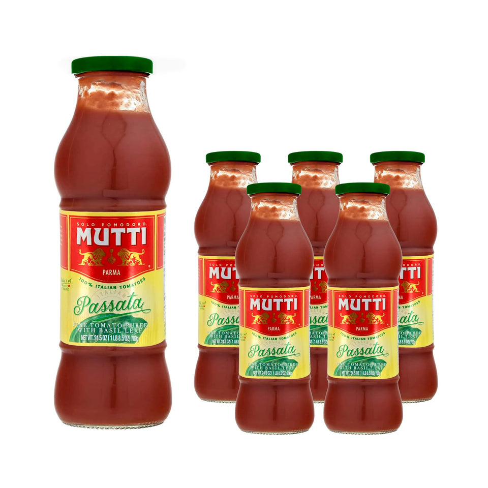 Mutti tomato puree with basil bottle shows vibrant color for quick sauces.