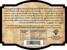 Close-up of MV Vargas California Dry Beef Jerky Original bite showing rugged texture and protein-rich flavor.