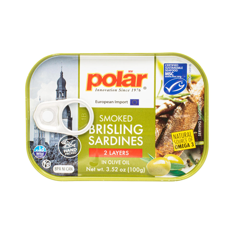 MW Polar Brisling Sardines in olive oil can, ready for a flavorful omega-3 snack.