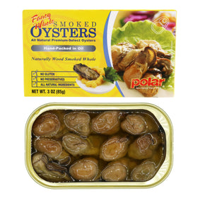 MW Polar Fancy Whole Smoked Oysters in 3 oz cans, ideal for entertaining.